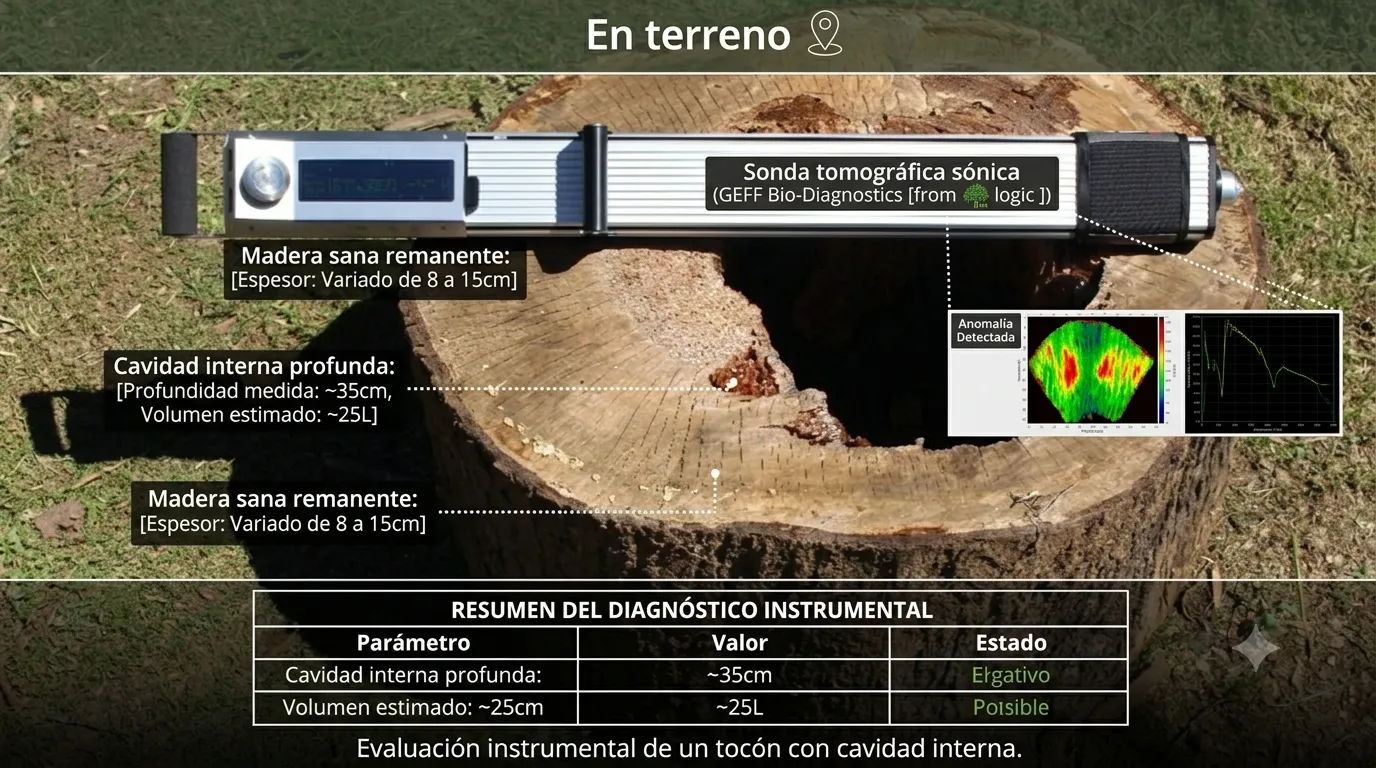 Evaluación instrumental de un tocón con cavidad interna