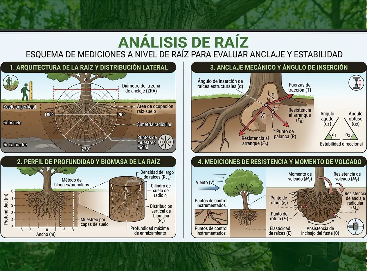 Esquema de mediciones a nivel de raíz para evaluar anclaje y estabilidad