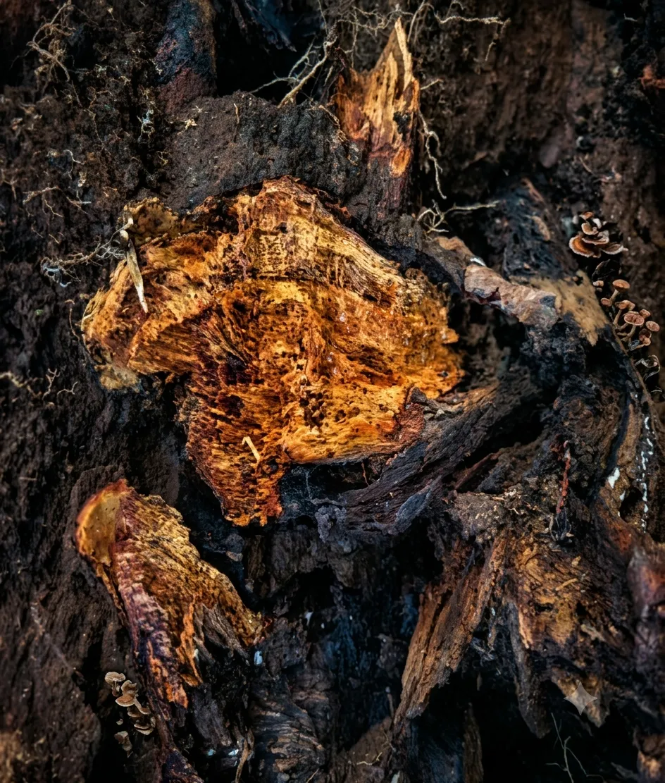 Pudrición interna localizada en la madera del tronco de un árbol